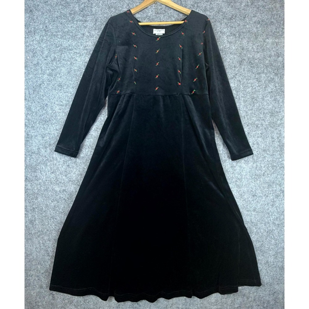 VTG Studio Ease Dress Womens Large Black Velvet Goth‎ Witchy 90s Noir Dark Fairy